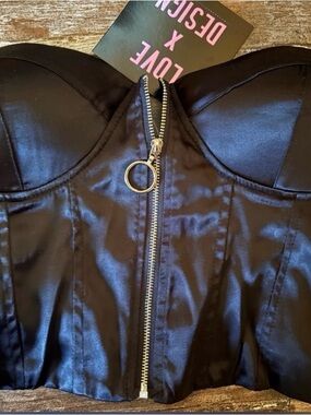 Love By Design Black Satin Bustier Crop Top with Ring Zip